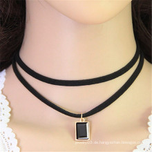 Ornament koreanischen quadratischen Doppelkristall Rhinestone Stoff schwarz Choker Halskette